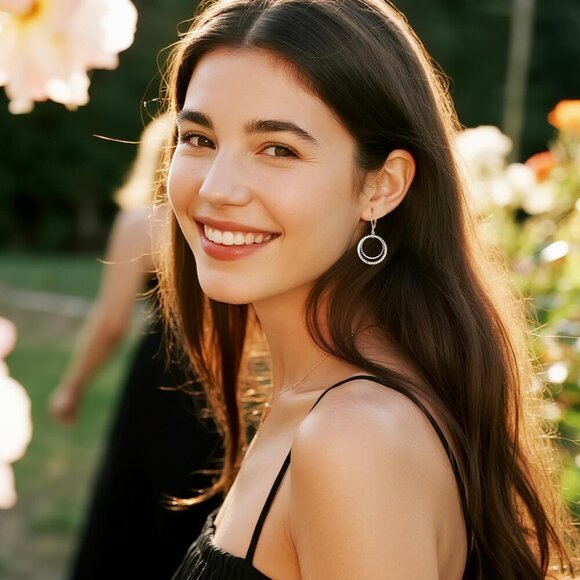 Sterling Silver Circle Leverback Textured Drop Hammered Earrings for Women - Picture 5 of 7